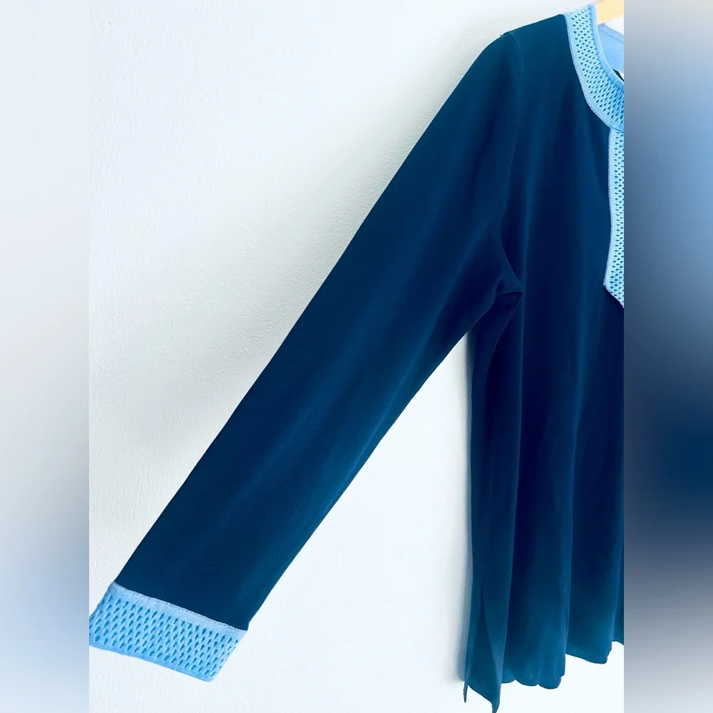 Misook Knit Navy Blue With Light Blue Trim Tunic Long Sleeve Top Size Large - Picture 4 of 7
